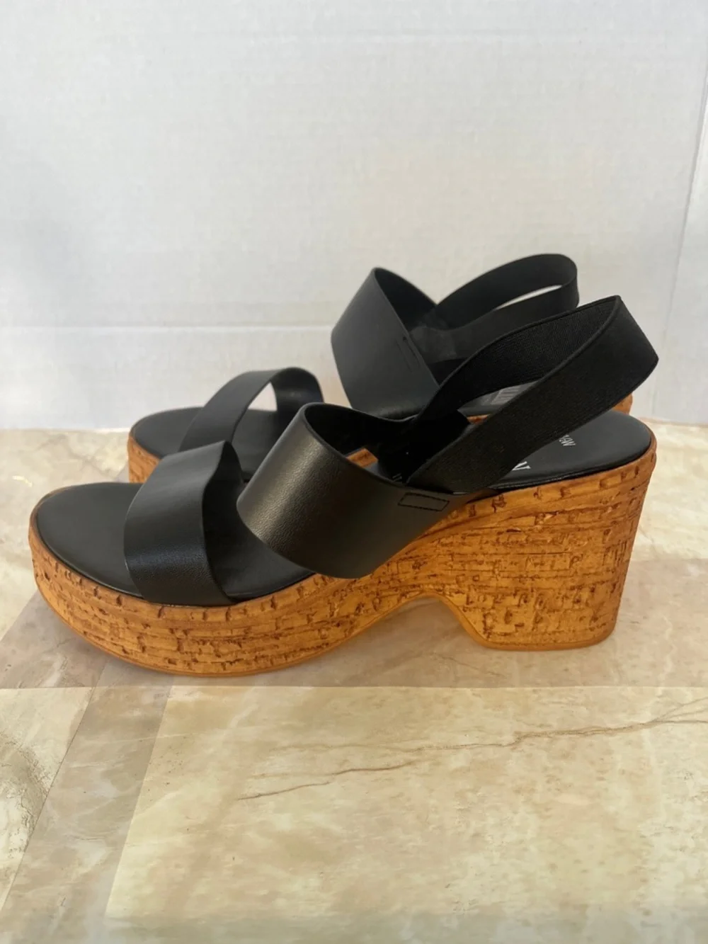 Italian Shoemakers Black Leather-Strap Cork Wedge Sandals - Picture 6 of 12